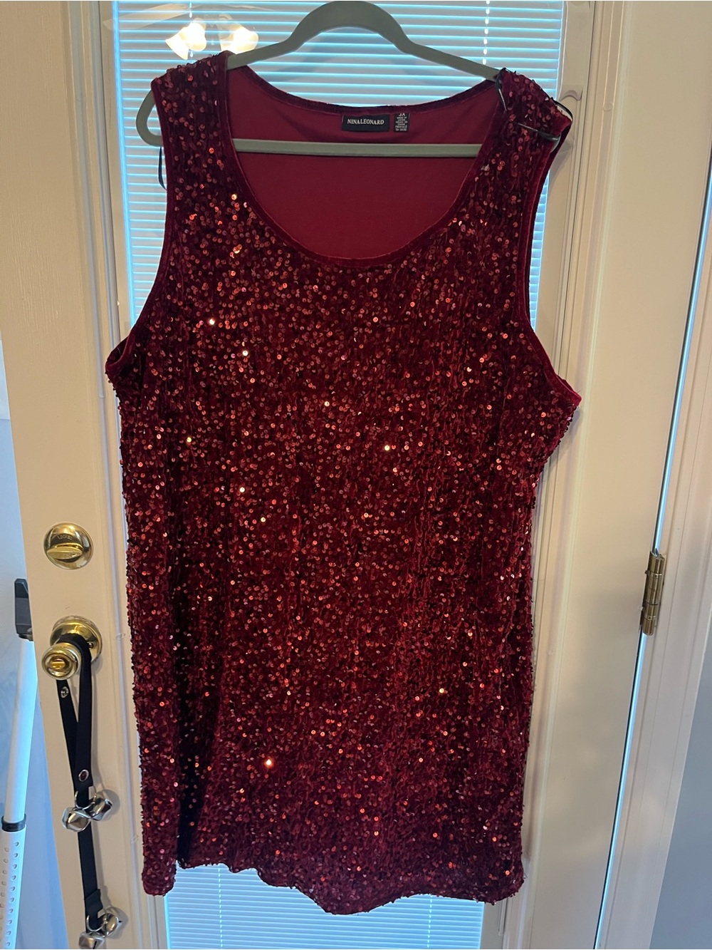 Nina Leonard Burgundy Sequin Sleeveless Prom Dress